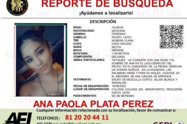 La joven desapareció el pasado 19 de agosto en Nuevo León