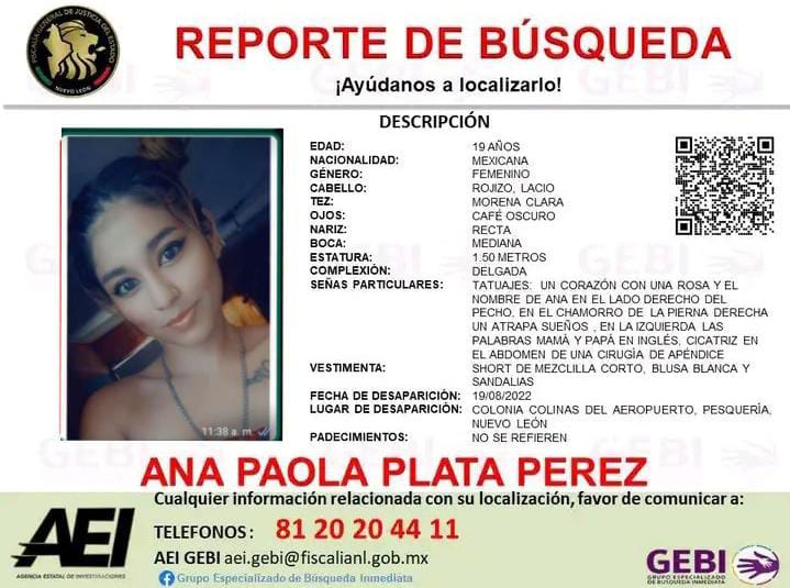 La joven desapareció el pasado 19 de agosto en Nuevo León