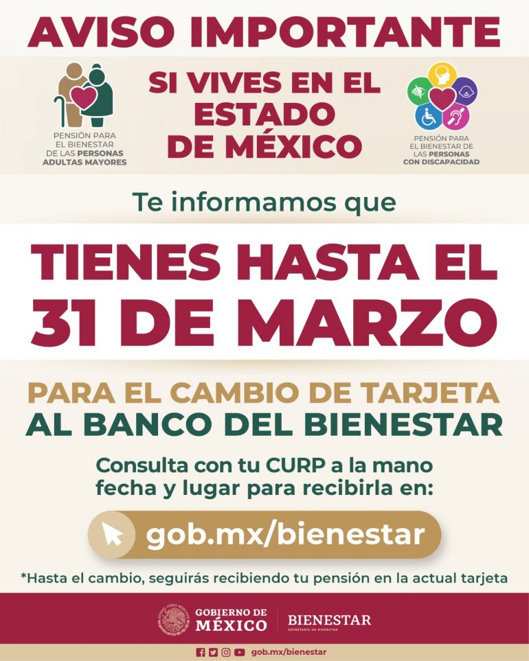 Tarjeta del Bienestar debe cambiarse antes del 31 de marzo en Edomex