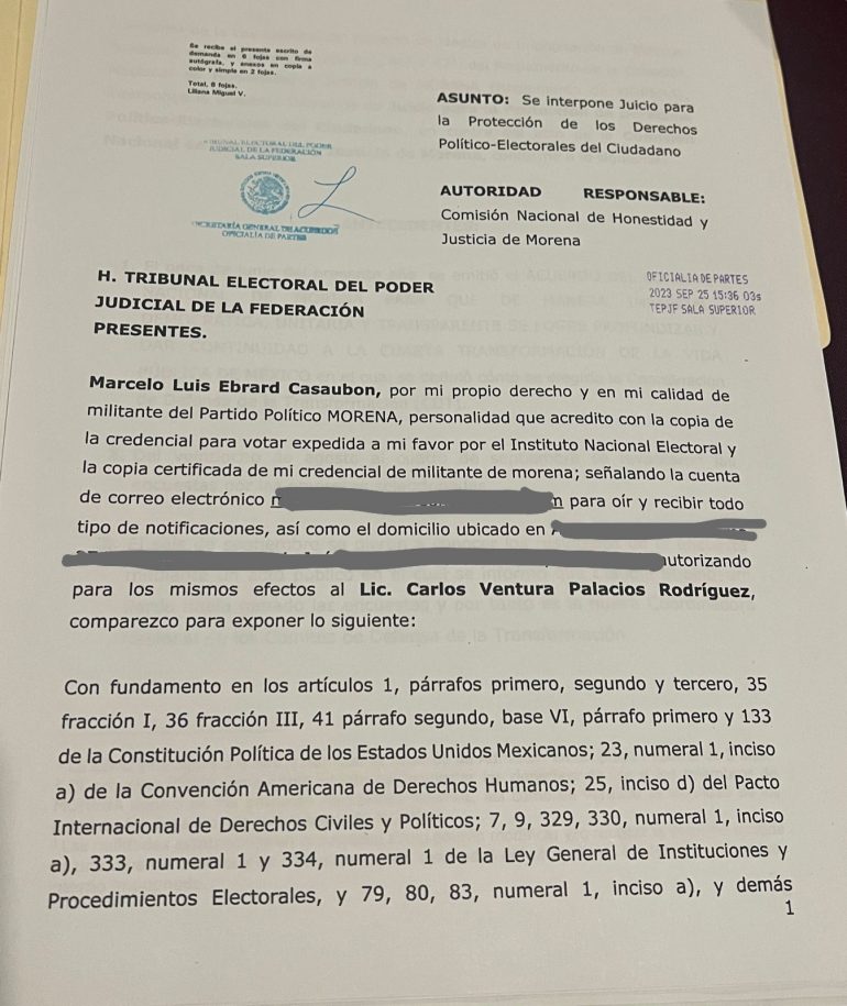 Marcelo Ebrard presenta juicio ante la Sala Superior del Tribunal Electoral