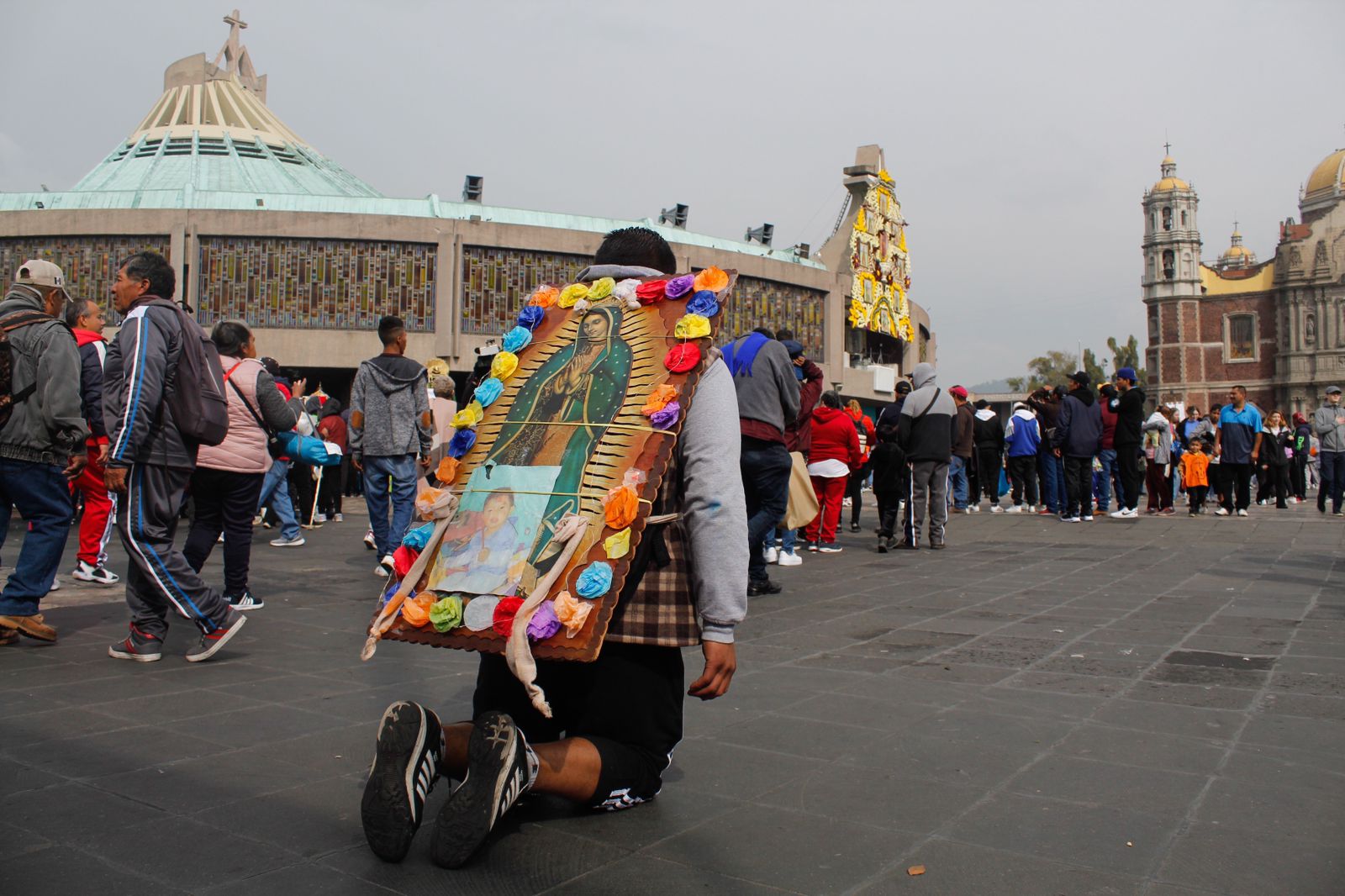 Un peregrino llega de rodillas a la explanada de la Basílica de Guadalupe, durante el 492 aniversario de la aparición de la Virgen de Guadalupe en el cerro del Tepeyac. Foto: Brigette Reyes/Obturador Mx