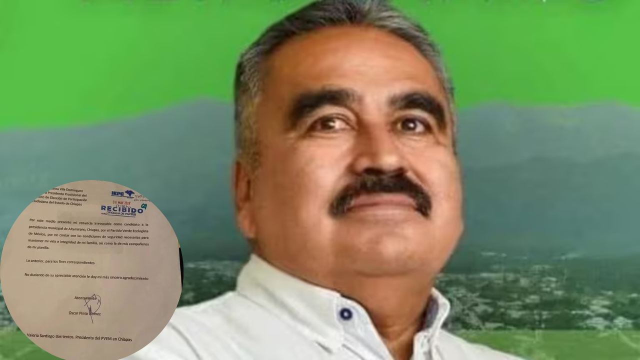Oscar Pinto Gómez, candidato a alcalde en Altamirano, Chiapas renuncia por inseguridad. La razón del militante del Partido Verde Ecologista de México es que no hay condiciones de seguridad.