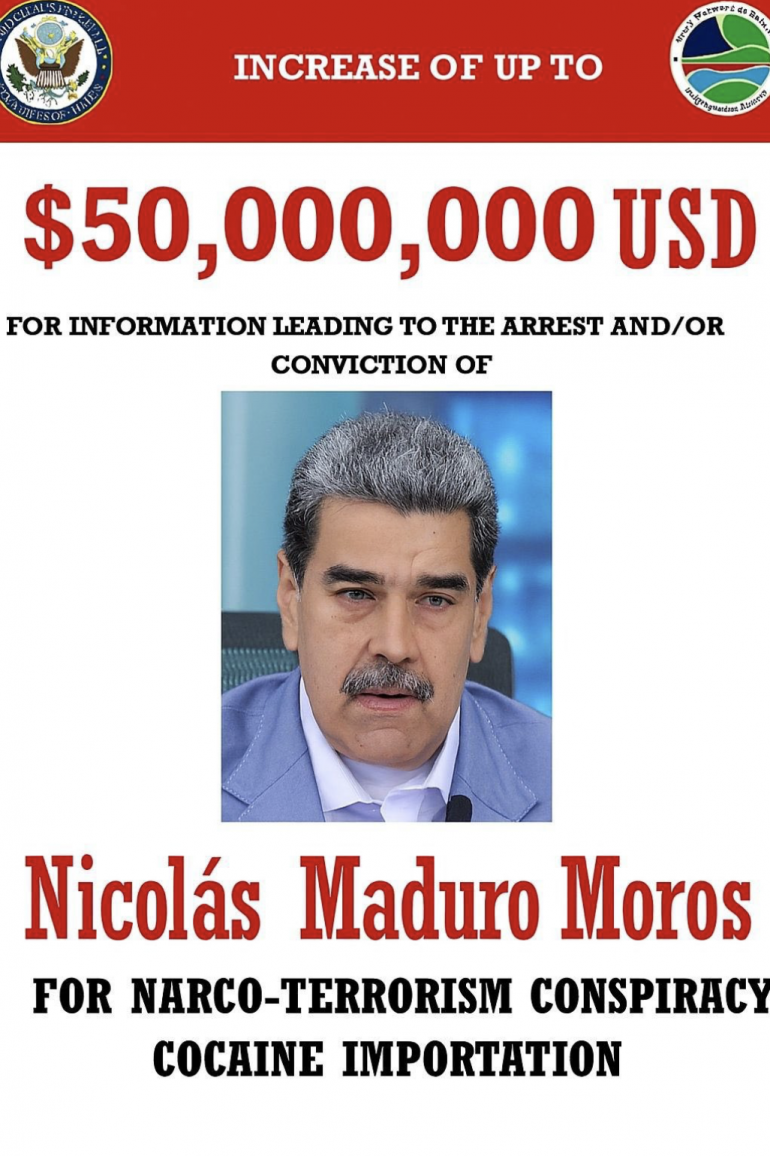 Estados Unidos eleva a 50 millones de dólares la recompensa por información que lleve a la captura de Nicolás Maduro