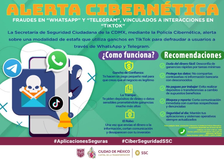 Alerta SSC sobre fraudes en WhatsApp y Telegram mediante interacciones en TikTok