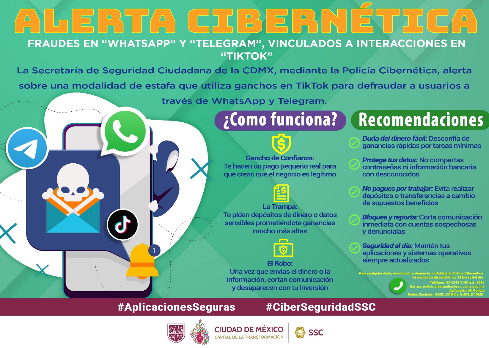 Alerta SSC sobre fraudes en WhatsApp y Telegram mediante interacciones en TikTok