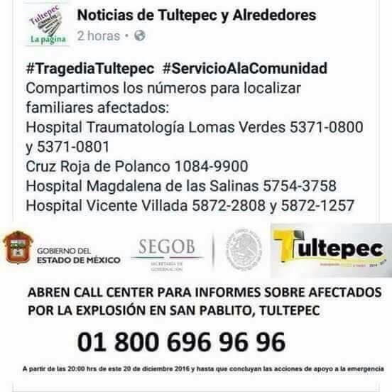 Números para localizar a familiares victimas de la explosión en Tultepec