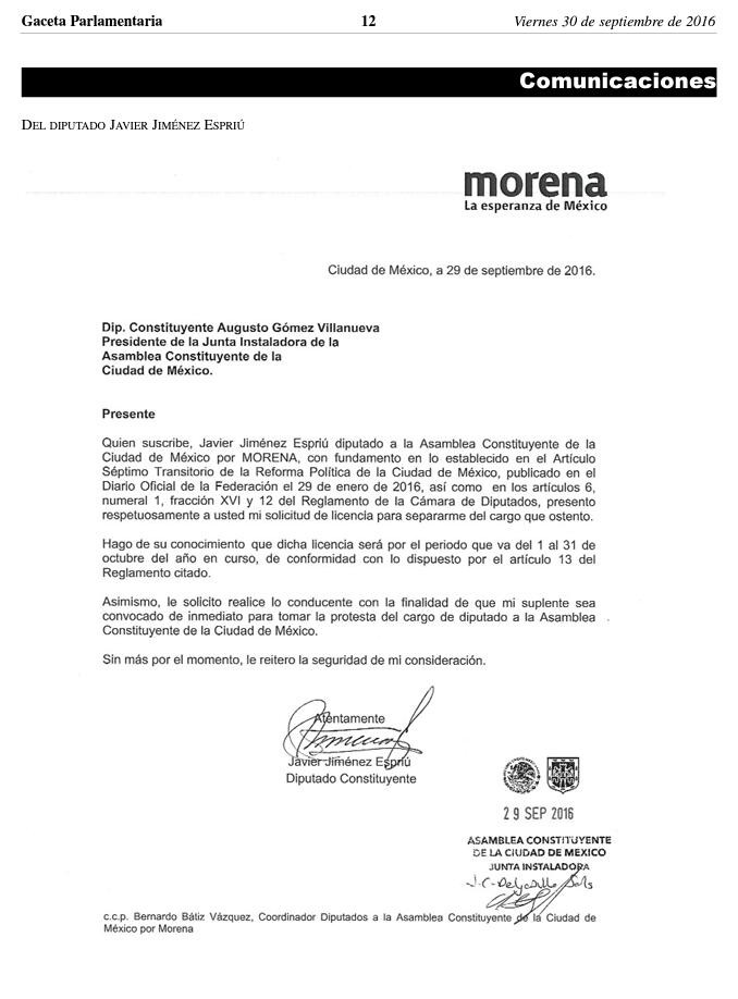 Pide licencia constituyente de Morena