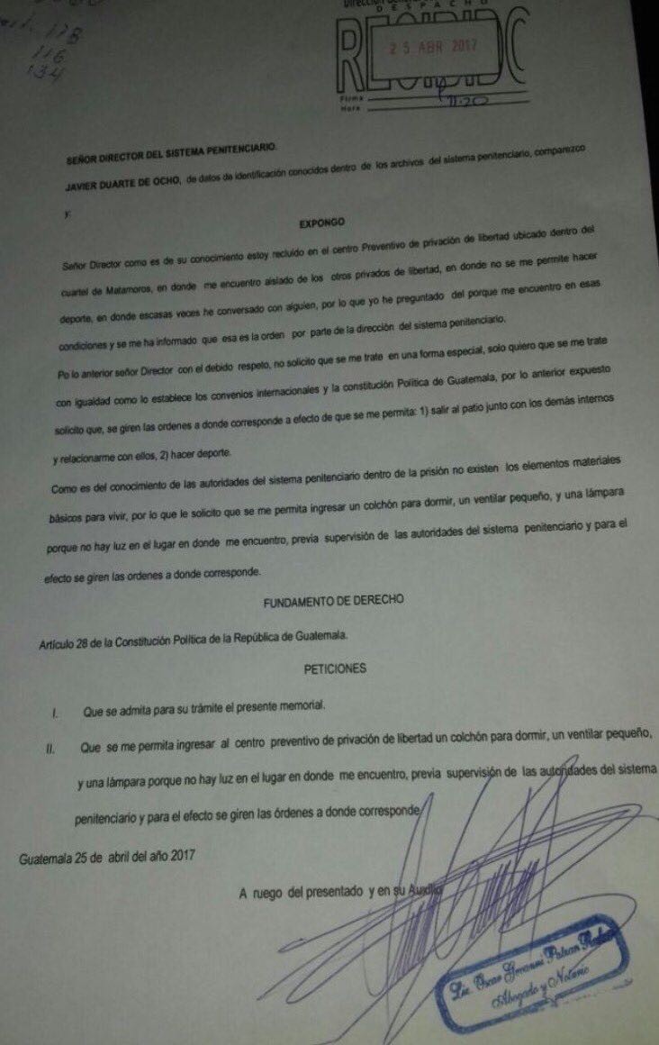 Duarte pide un colchón, una lámpara y convivir con los presos del penal de Guatemala