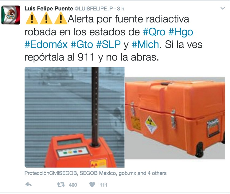 Alerta máxima en seis estados por robo de fuente radioactiva