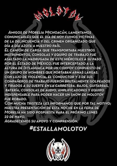 Molotov suspende concierto por robo