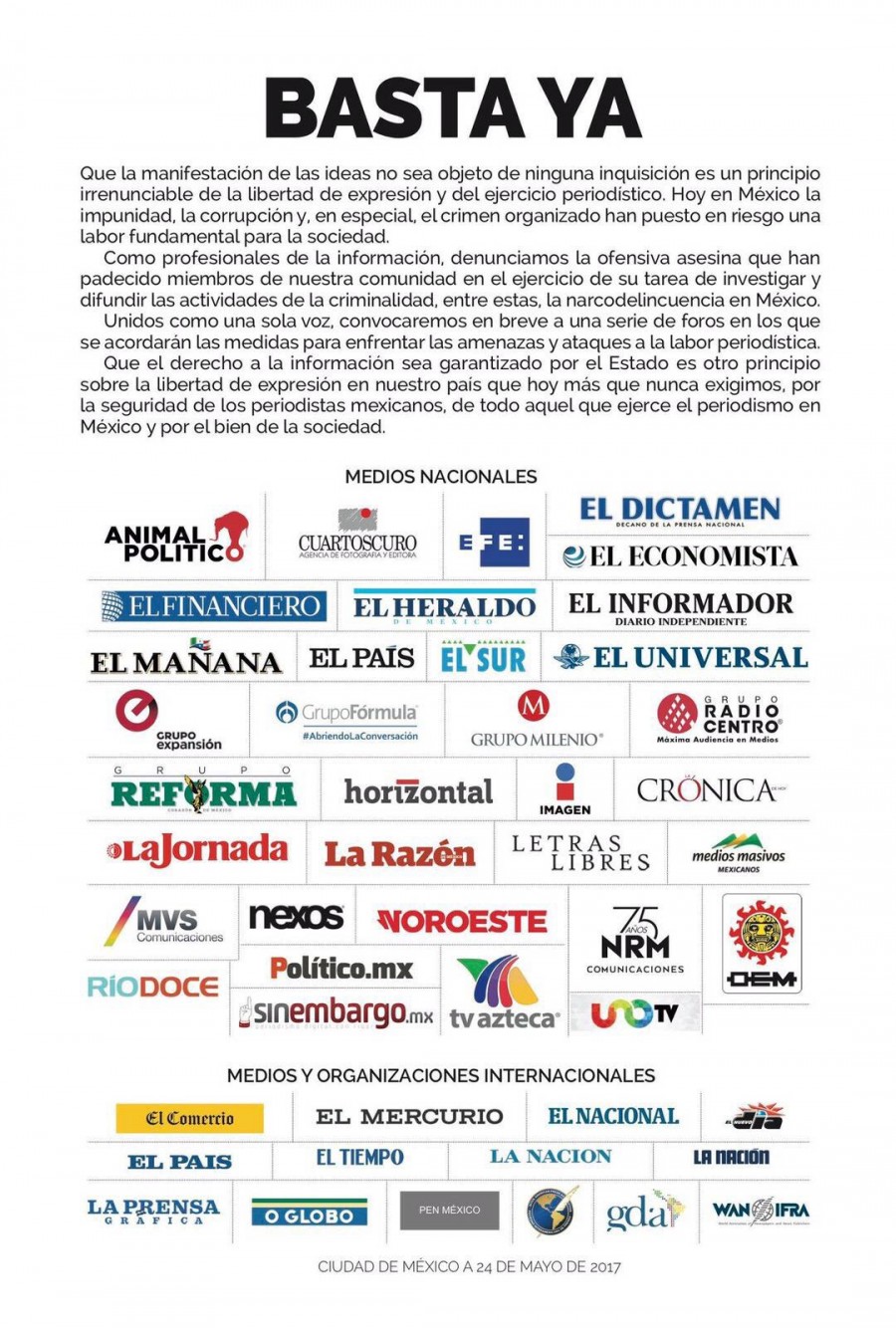 Basta Ya, exigen medios de comunicación ante asesinatos de periodistas