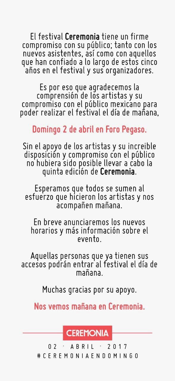Festival Ceremonia se llevará a cabo mañana tras haberse cancelado hoy
