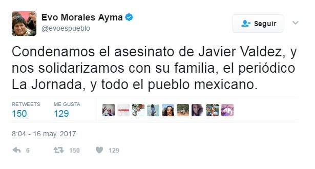 Evo Morales condena asesinato de periodista Javier Valdez