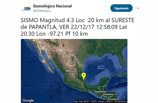 Reportan sismo de magnitud 4.3 en Papantla, Veracruz